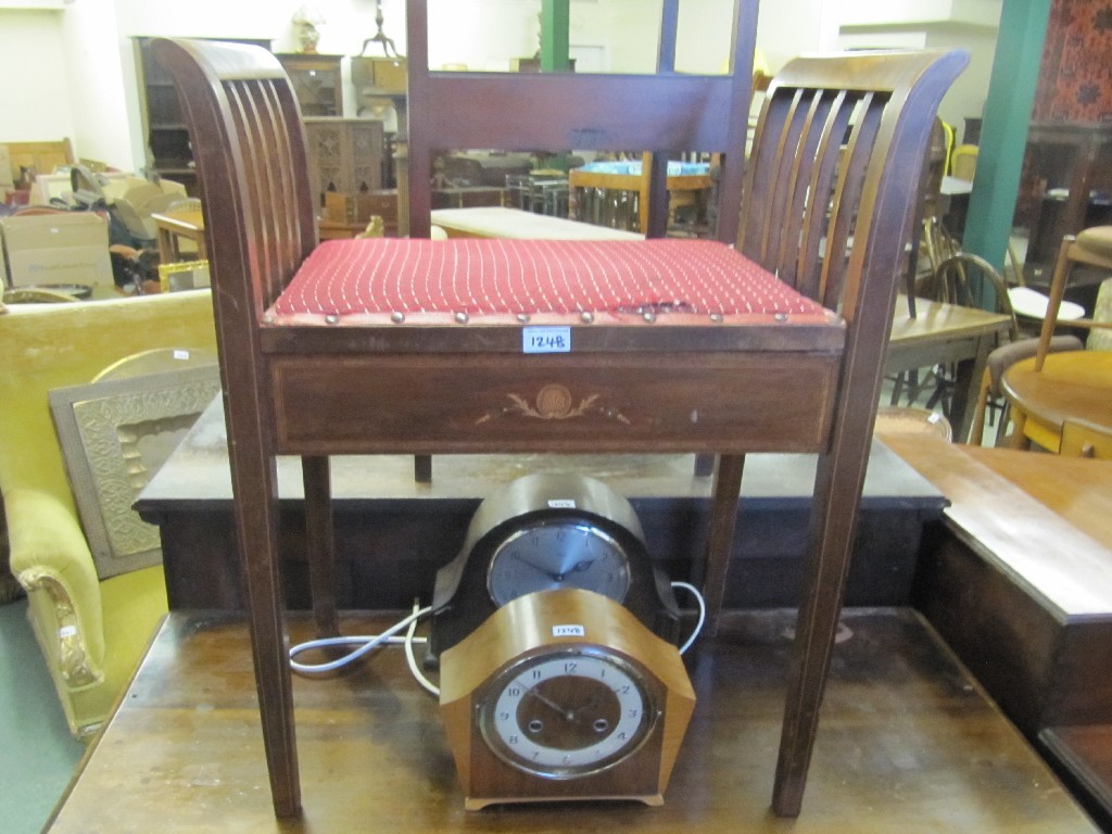 Appraisal: Edwardian mahogany inlaid piano stool and two mantel clocks