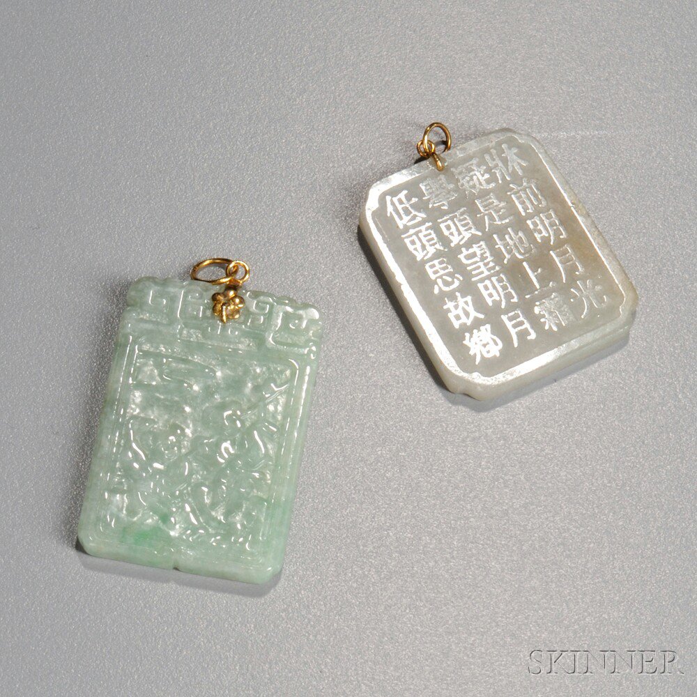 Appraisal: Two Jade Pendants China a rectangular plaque with calligraphy on