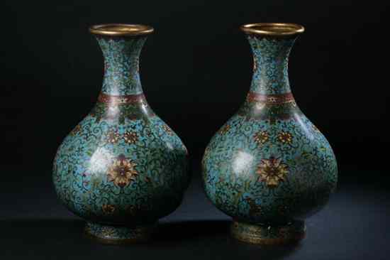 Appraisal: PAIR CHINESE CLOISONN ENAMEL VASES Qianlong four character mark Floral