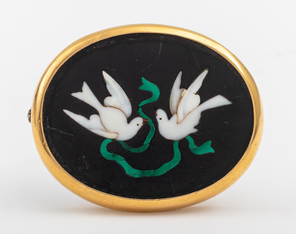 Appraisal: ANTIQUE FRENCH K PIETRA DURA BROOCH W DOVES Antique French