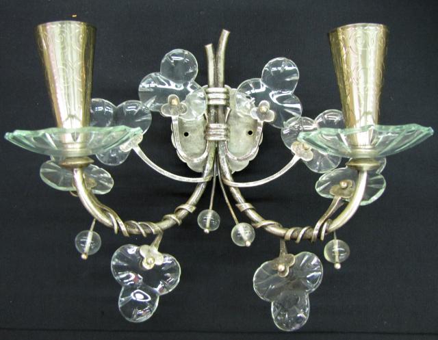 Appraisal: Set of Four Silver-Plate and Crystal Wall Sconces two-light fixtures