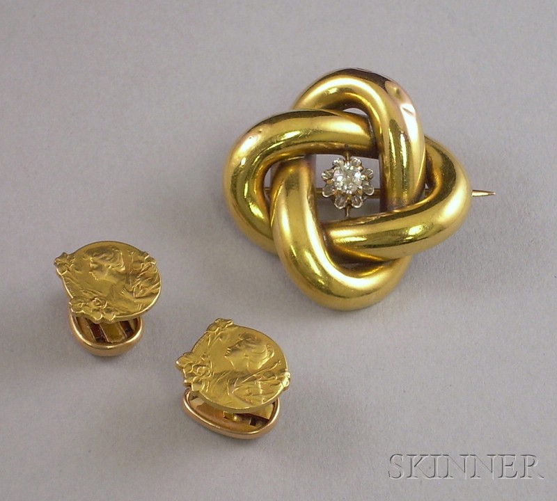 Appraisal: kt Gold and Diamond Knot Brooch together with a pair