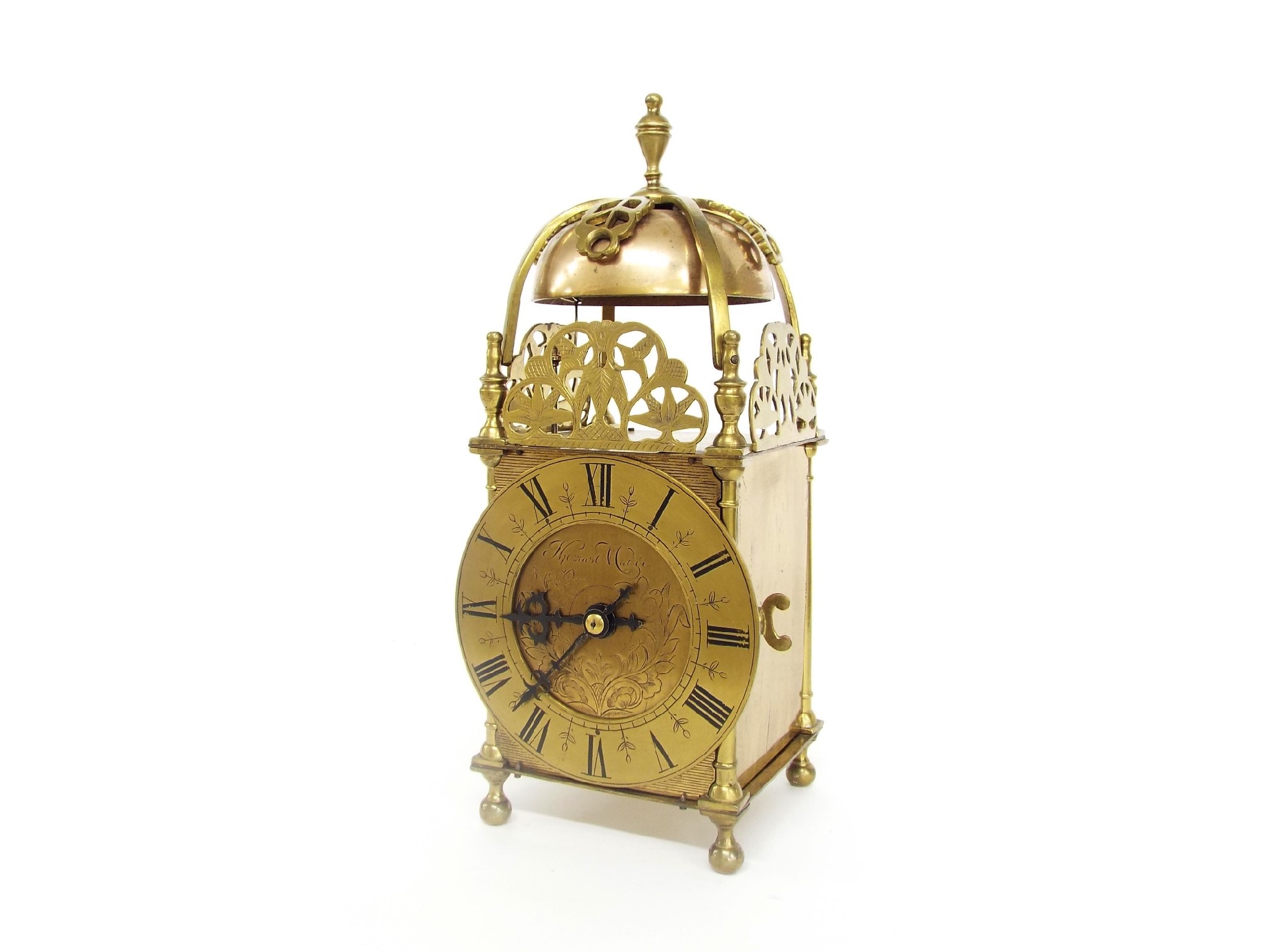 Appraisal: Brass two train lantern clock striking on a bell the