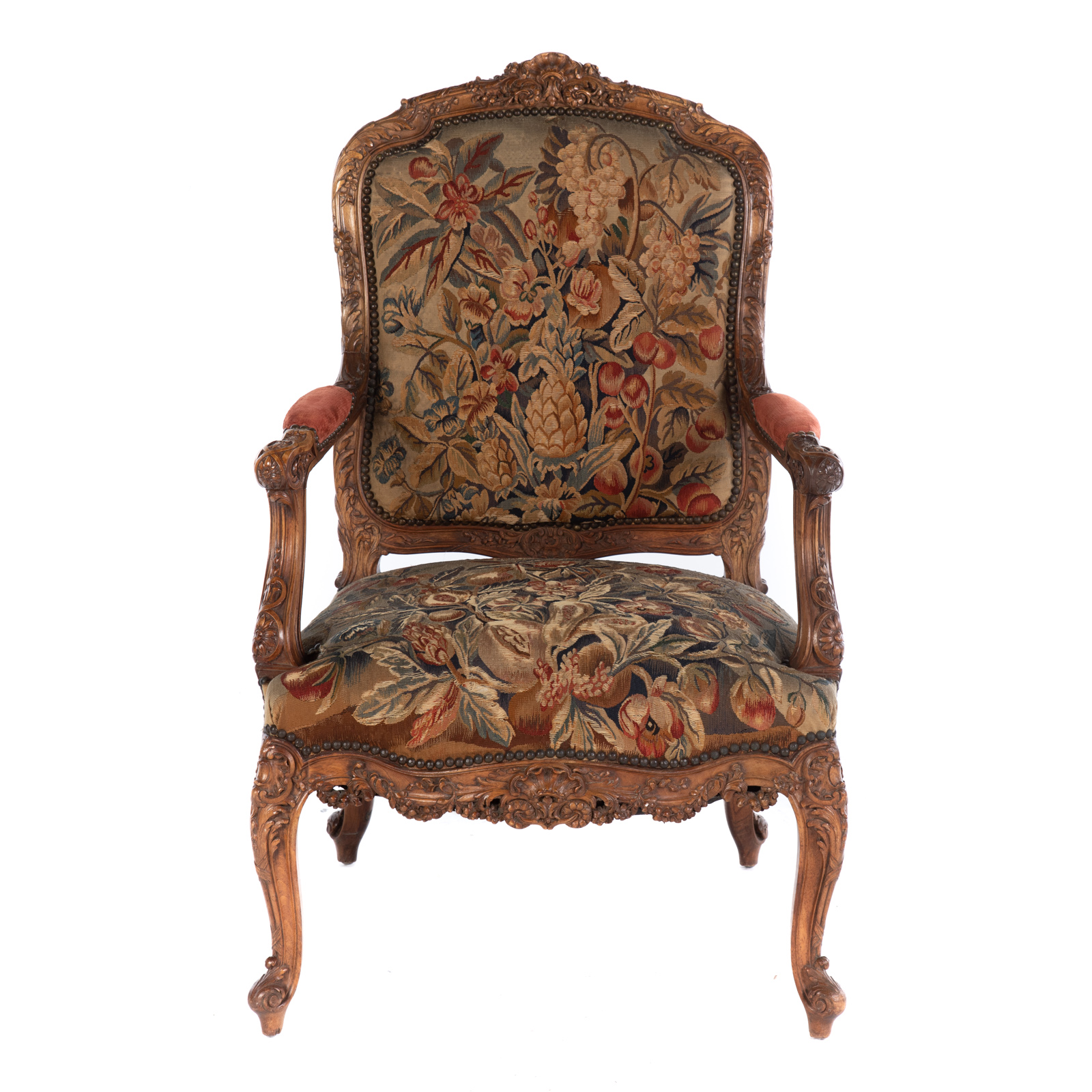 Appraisal: LOUIS XV STYLE CARVED WOOD ARM CHAIR th century elaborately