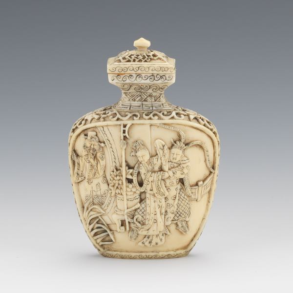 Appraisal: CHINESE CARVED WALRUS TASK FIGURAL SNUFF BOTTLE IMPERIAL COURT FIGURAL