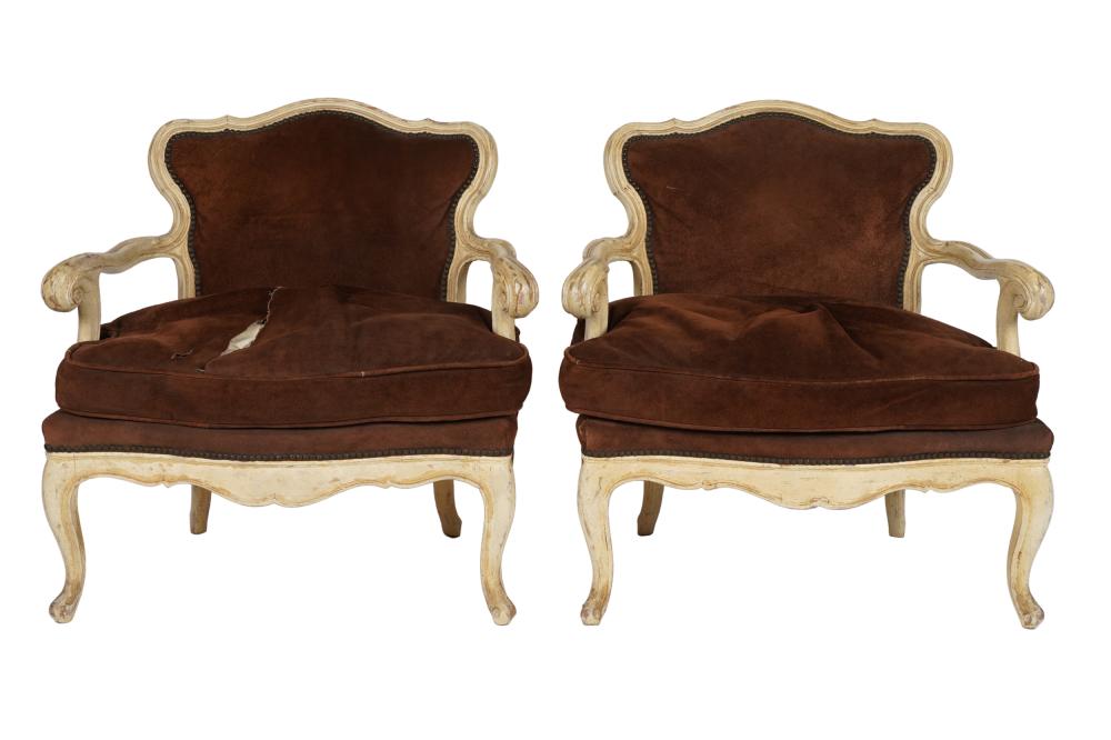 Appraisal: PAIR OF ROCOCO STYLE PAINTED ARMCHAIRSafter covered with brown suede