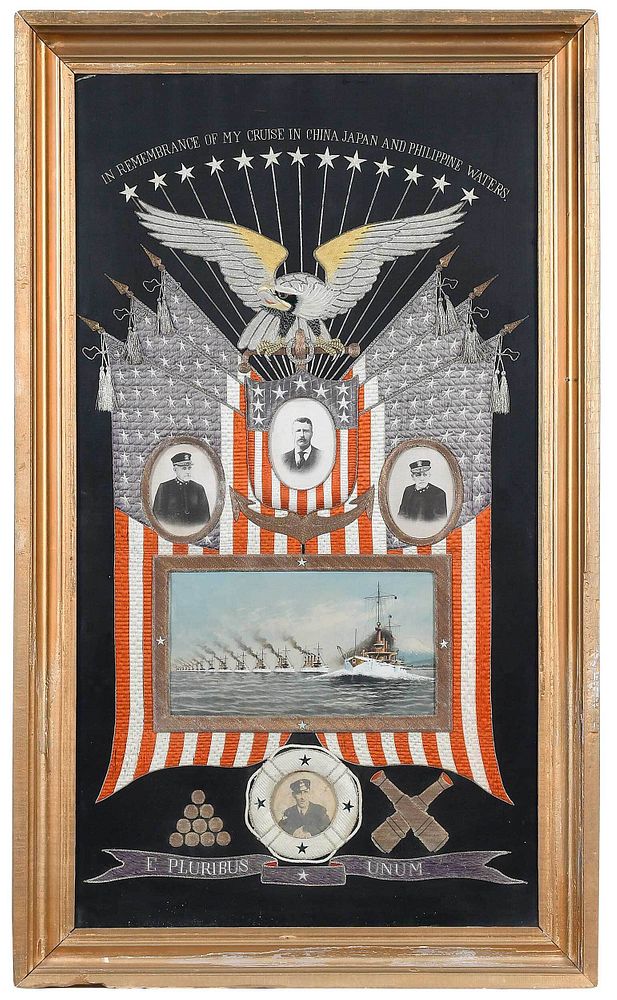 Appraisal: Patriotic Silkwork Banner Great White Fleet In Remembrance Of My