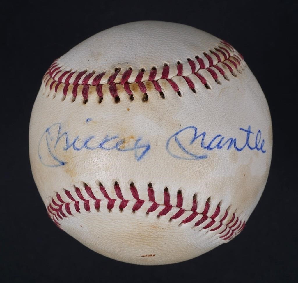 Appraisal: Baseball hand-signed in blue ballpoint by baseball icon Mickey Mantle