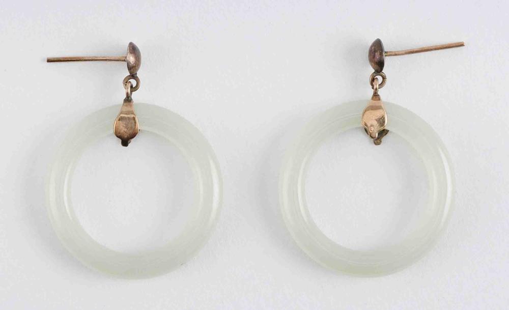 Appraisal: PAIR OF CHINESE LIGHT CELADON JADE HOOP EARRINGS HOOP DIAMETERS