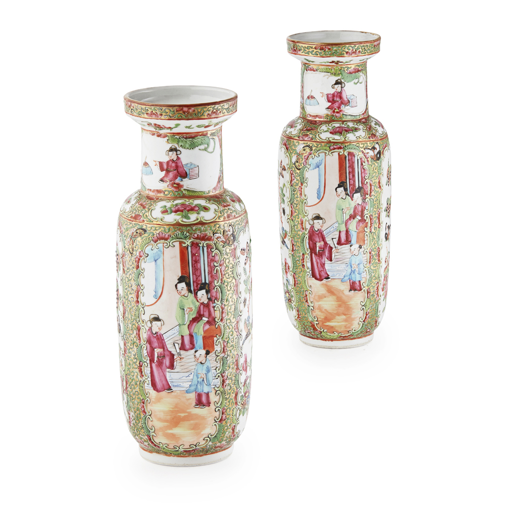 Appraisal: PAIR OF CANTON FAMILLE ROSE ROULEAU VASES LATE QING DYNASTY