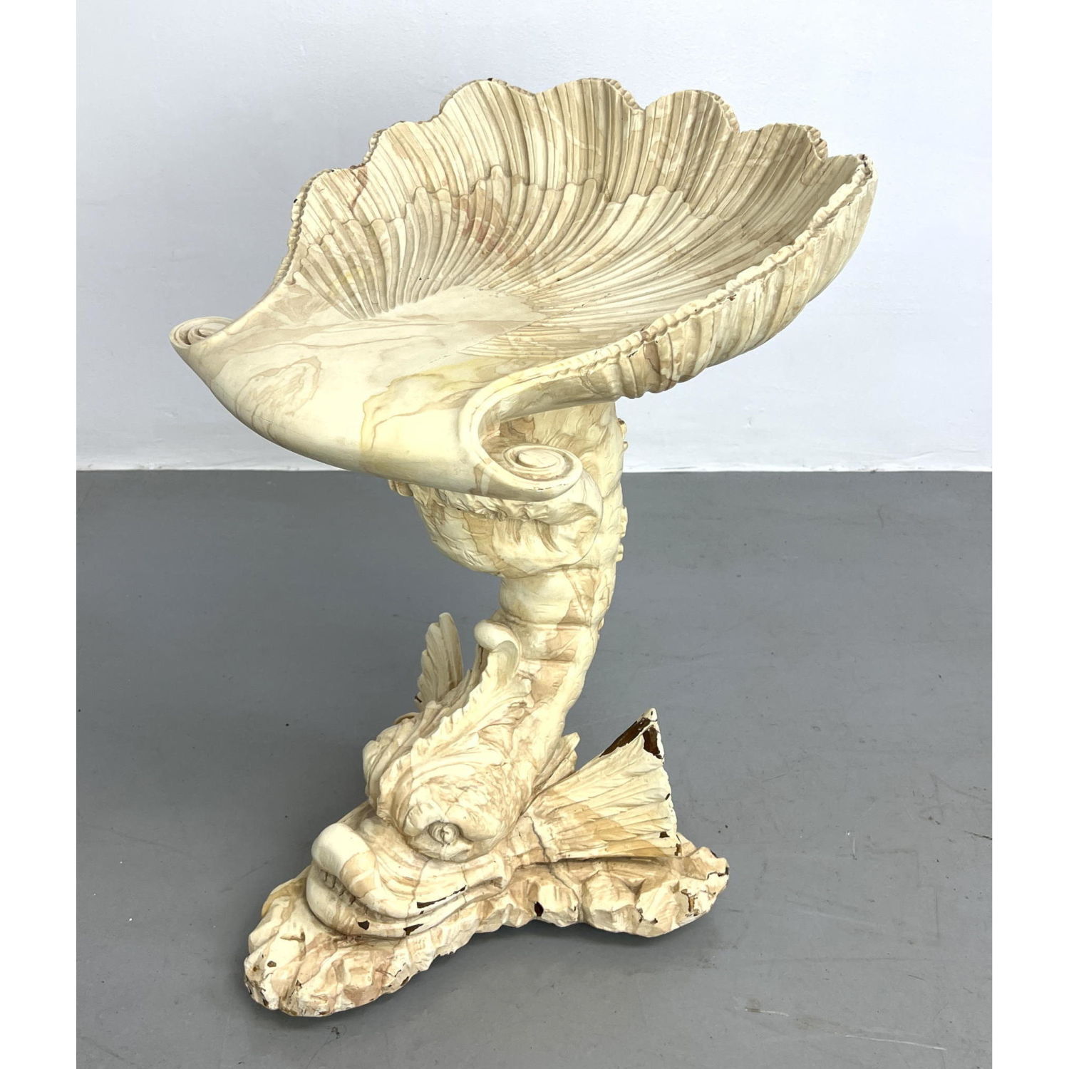 Appraisal: ITALIAN SHELL and DOLPHIN CARVED WOOD GROTTO STOOL Dimensions H