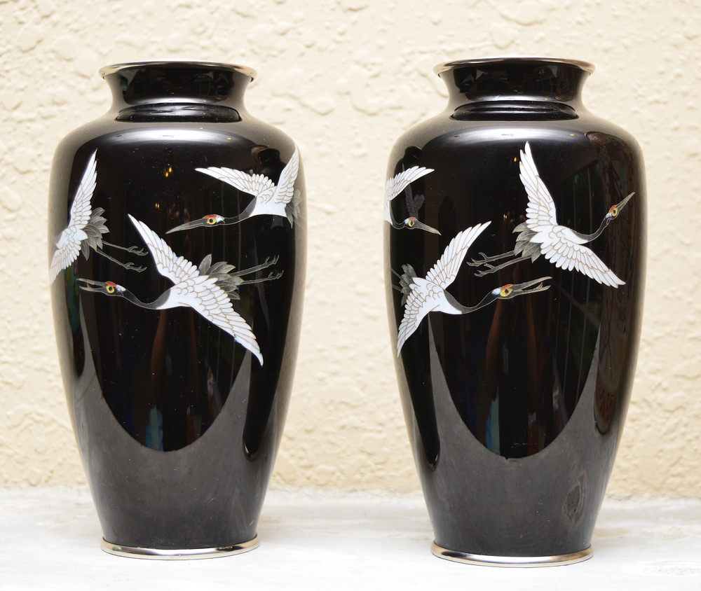 Appraisal: PAIR JAPANESE CLOISONNE VASES WITH CRANES A mirror image pair