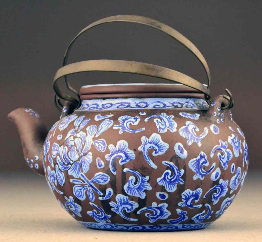 Appraisal: Chinese Qing Blue Enamel Yixing Pottery Tea PotFinely enameled in