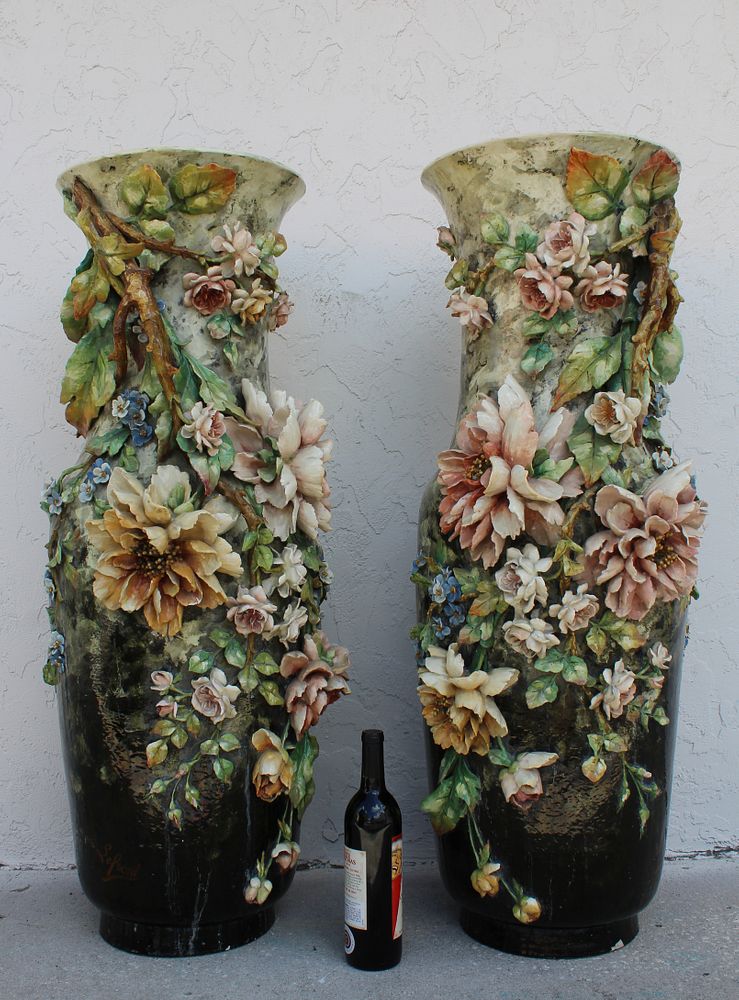 Appraisal: Pair of Palatial Floral Majolica Vases Pair of Palatial Floral