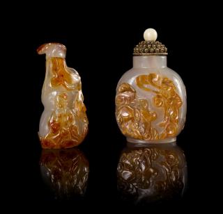 Appraisal: Two Carved Agate Snuff Bottles Two Carved Agate Snuff Bottles