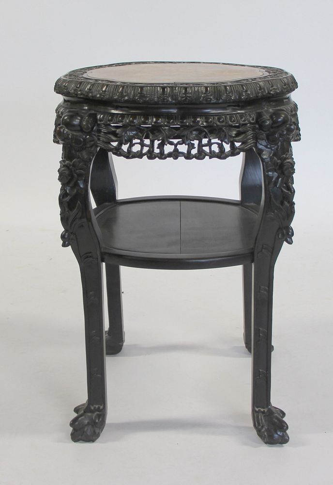 Appraisal: Highly And Finely Carved Chinese Hardwood Center Table With Marble