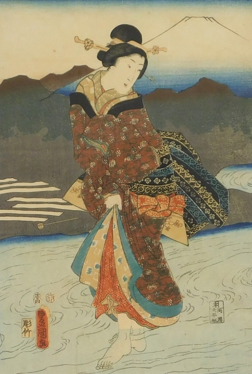 Appraisal: UTAGAWA KUNISADA WOODBLOCK OF A GEISHA IN A RIVER Japan