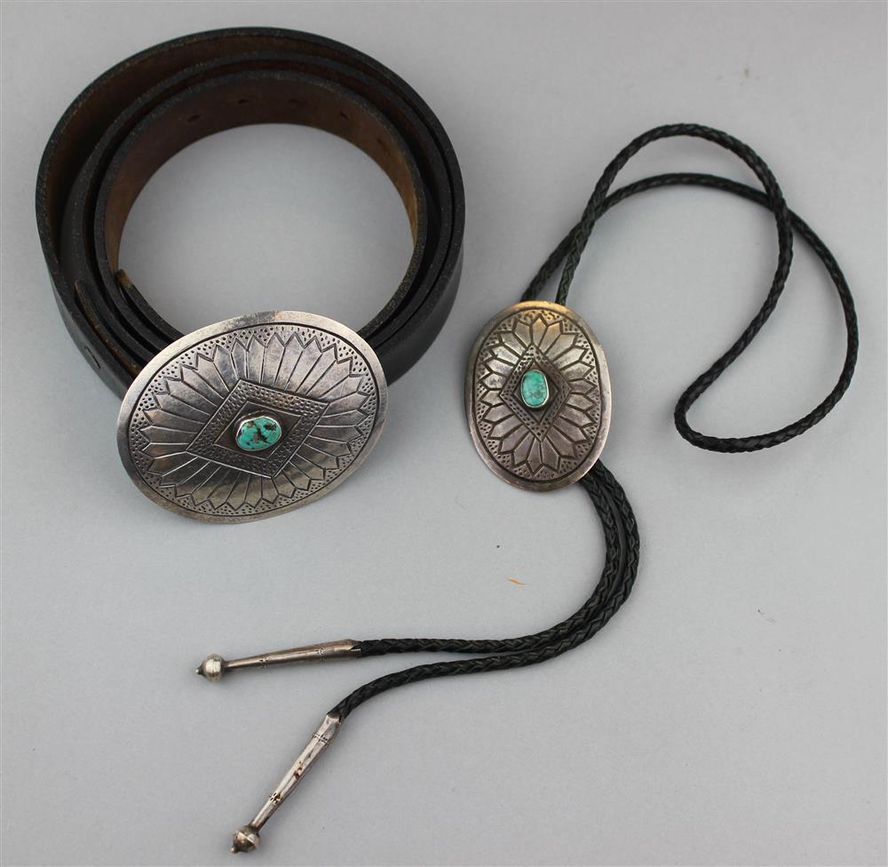 Appraisal: NATIVE AMERICAN SILVER AND TURQUOISE MATCHING BELT BUCKLE AND BOLO