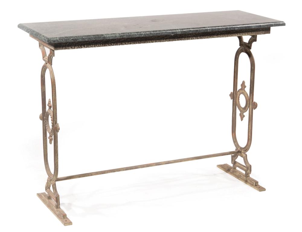 Appraisal: Continental Cast Iron Console Table verdigris marble top trestle base