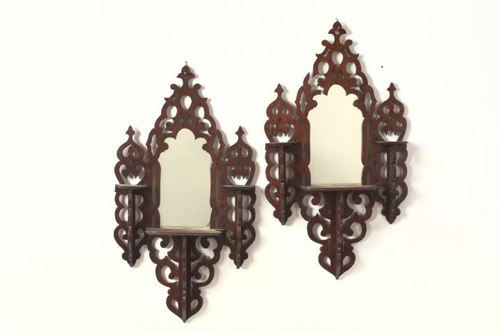 Appraisal: Pair of American Gothic-Style Walnut Mirrored Bracket Shelves fourth quarter