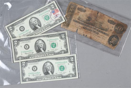 Appraisal: FOUR PAPER BILLS One Twenty dollar Confederate bill series and