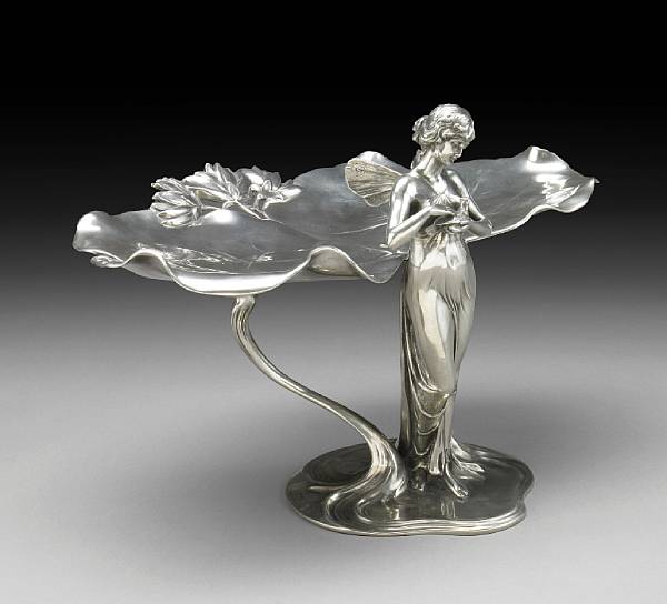 Appraisal: A W M F polished pewter figural card tray circa