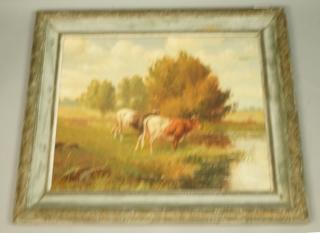 Appraisal: VITALTO Signed Oil Painting Cows in Meadow with Trees and