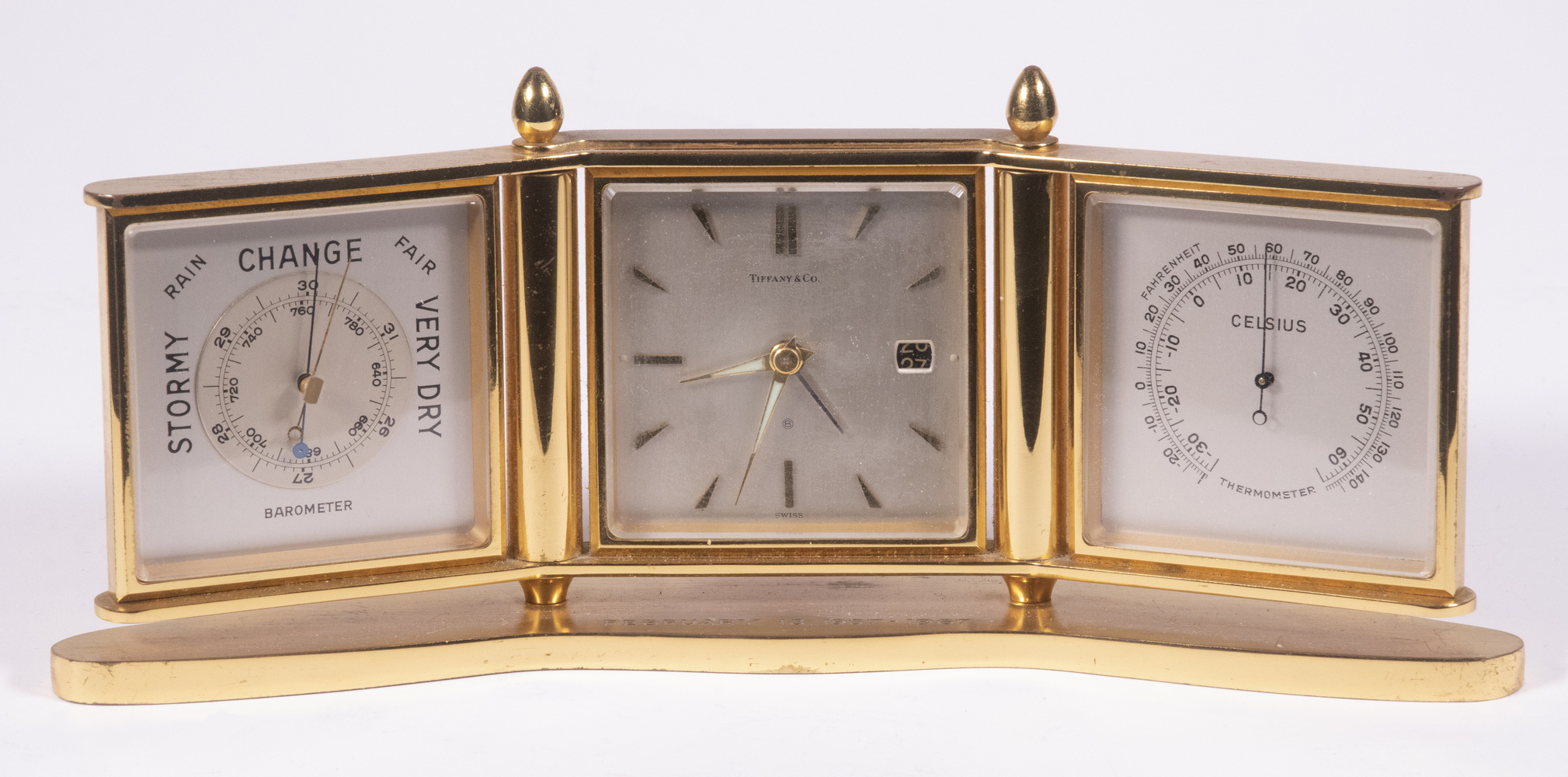 Appraisal: TIFFANY CO ALARM CLOCK AND WEATHER STATION Vintage Gilded Brass