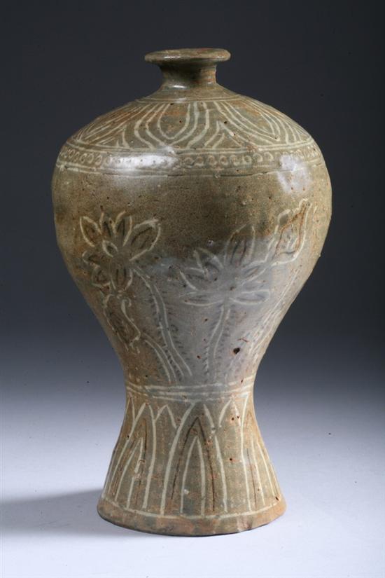 Appraisal: KOREAN INLAID CELADON STONEWARE MEIPING Floral decoration - in high