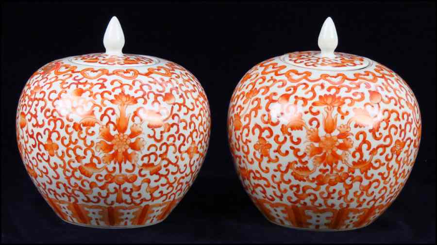 Appraisal: PAIR OF CHINESE ORANGE AND WHITE PORCELAIN GINGER JARS Height