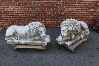 Appraisal: Matched Pair of th Century Recumbent Marble Lions A nice