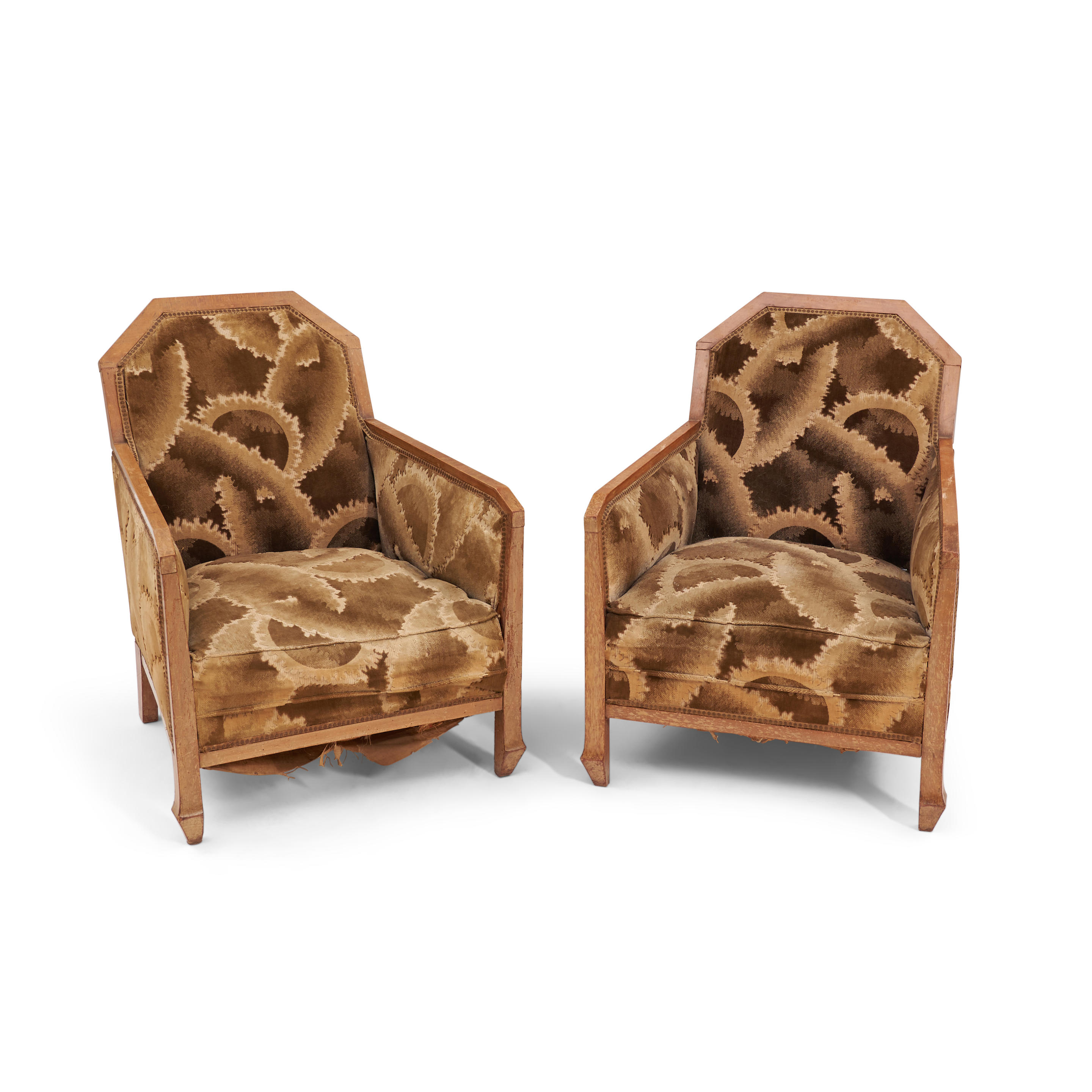 Appraisal: Pair of Art Deco-style Fruitwood Upholstered Club Chairs with geometric