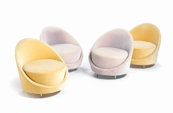 Appraisal: Four contemporary velvet upholstered barrel chairs Larry Totah designed comprising