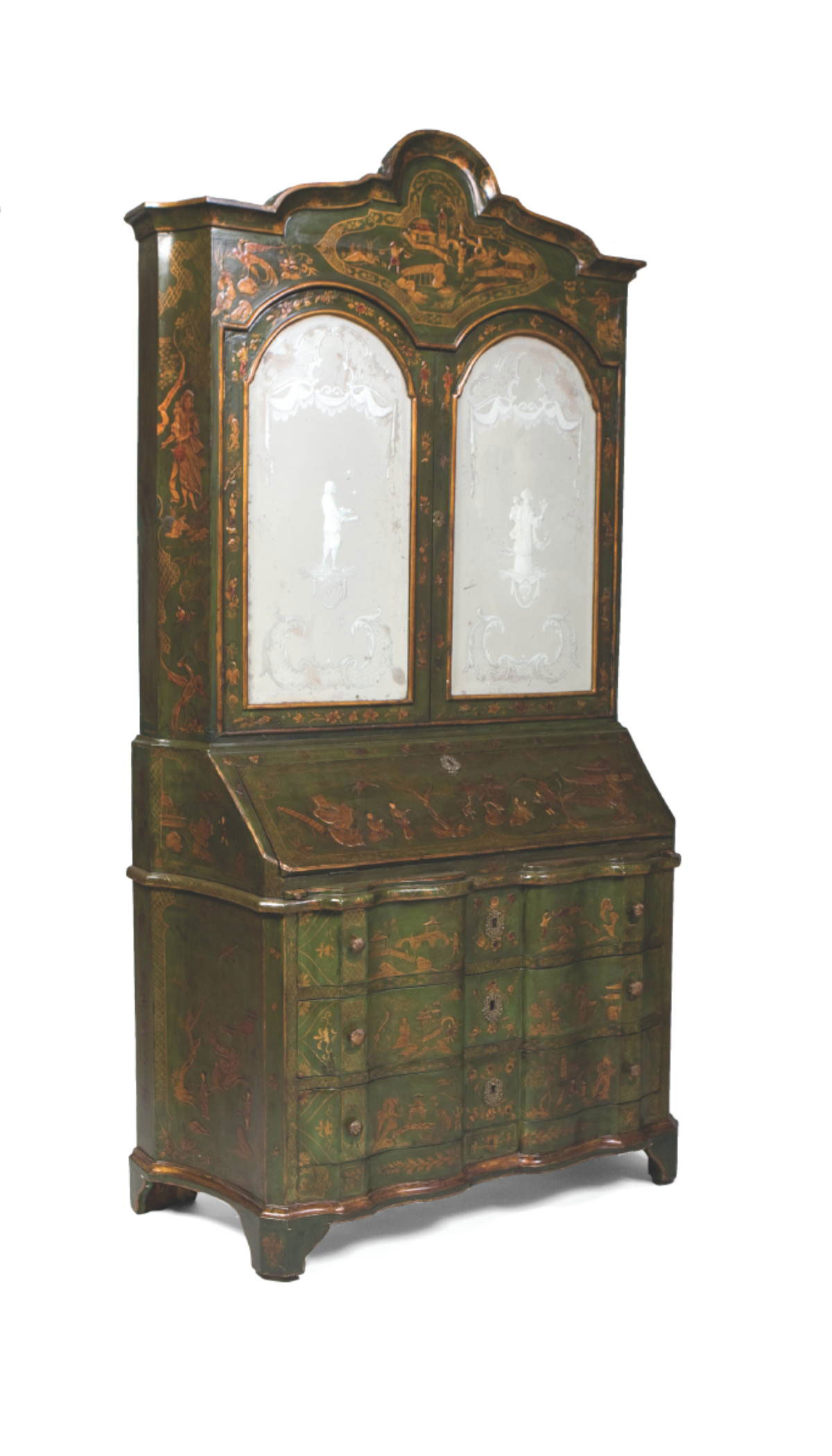 Appraisal: CONTINENTAL ROCOCO GREEN-PAINTED AND CHINOISERIE-DECORATED SERPENTINE-FRONT SECRETARY In two parts