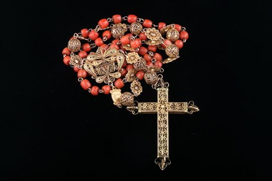 Appraisal: YELLOW GOLD FILIGREE AND ORANGE CORAL BEAD ROSARY Engraved in