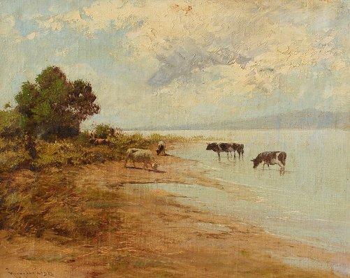 Appraisal: NEOGRADY Laszlo Hungarian - Landscape with cattle drinking at a