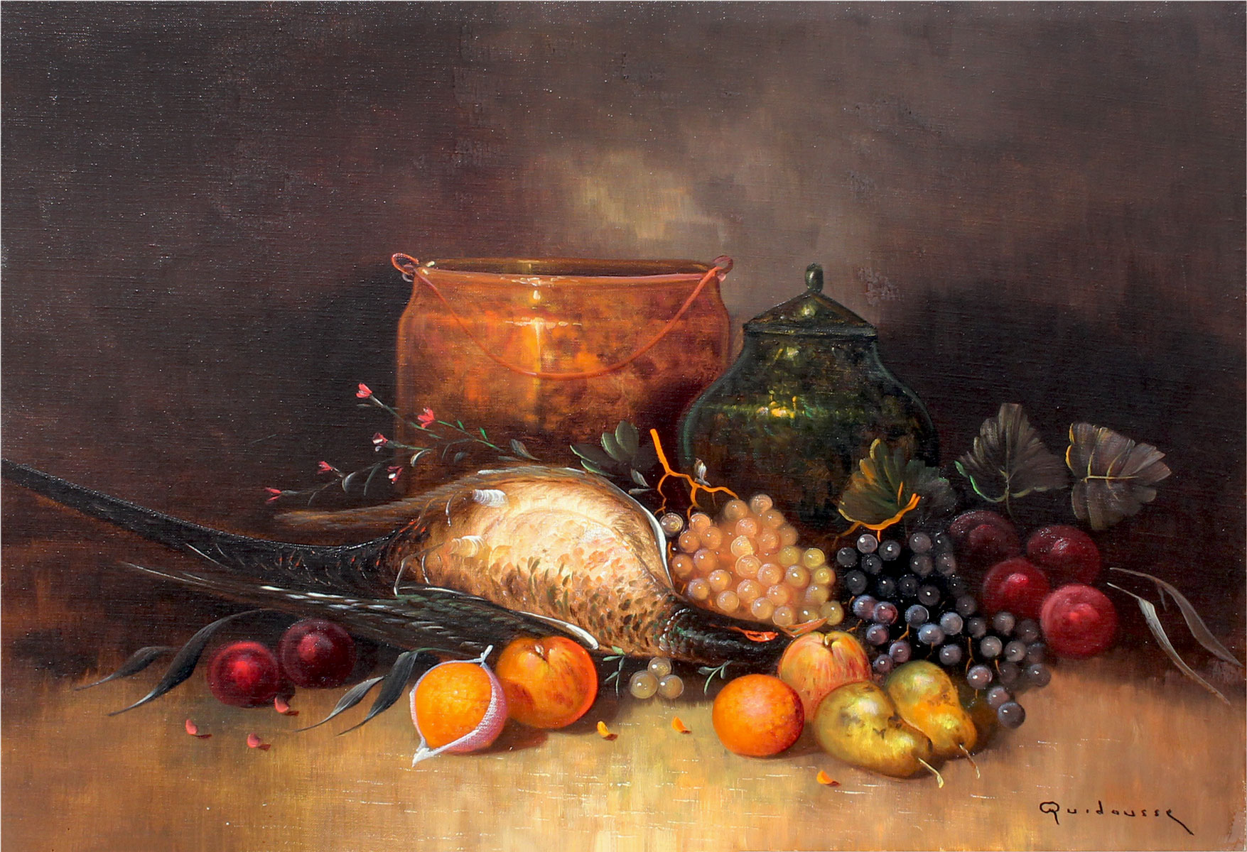 Appraisal: LARGE CONTEMPORARY STILL LIFE PAINTING OF FRUIT AND PHEASANT Oil