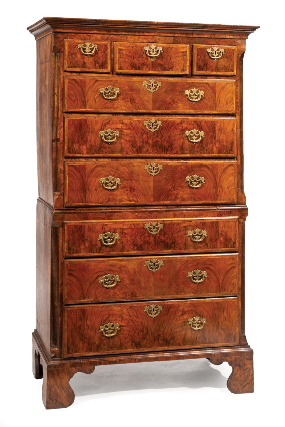 Appraisal: George III Inlaid Burl Walnut Chest-on-Chest late th c molded