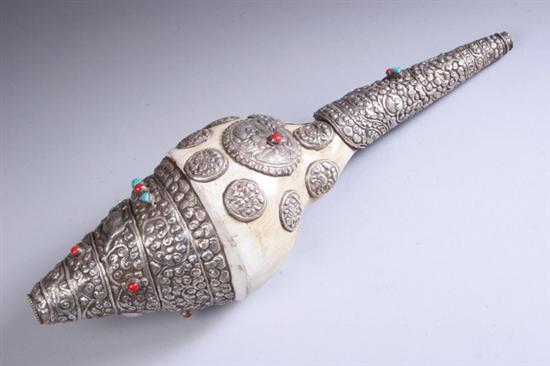 Appraisal: TIBETAN JEWELED SILVER MOUNTED DUNG-DKAR th century The white conch