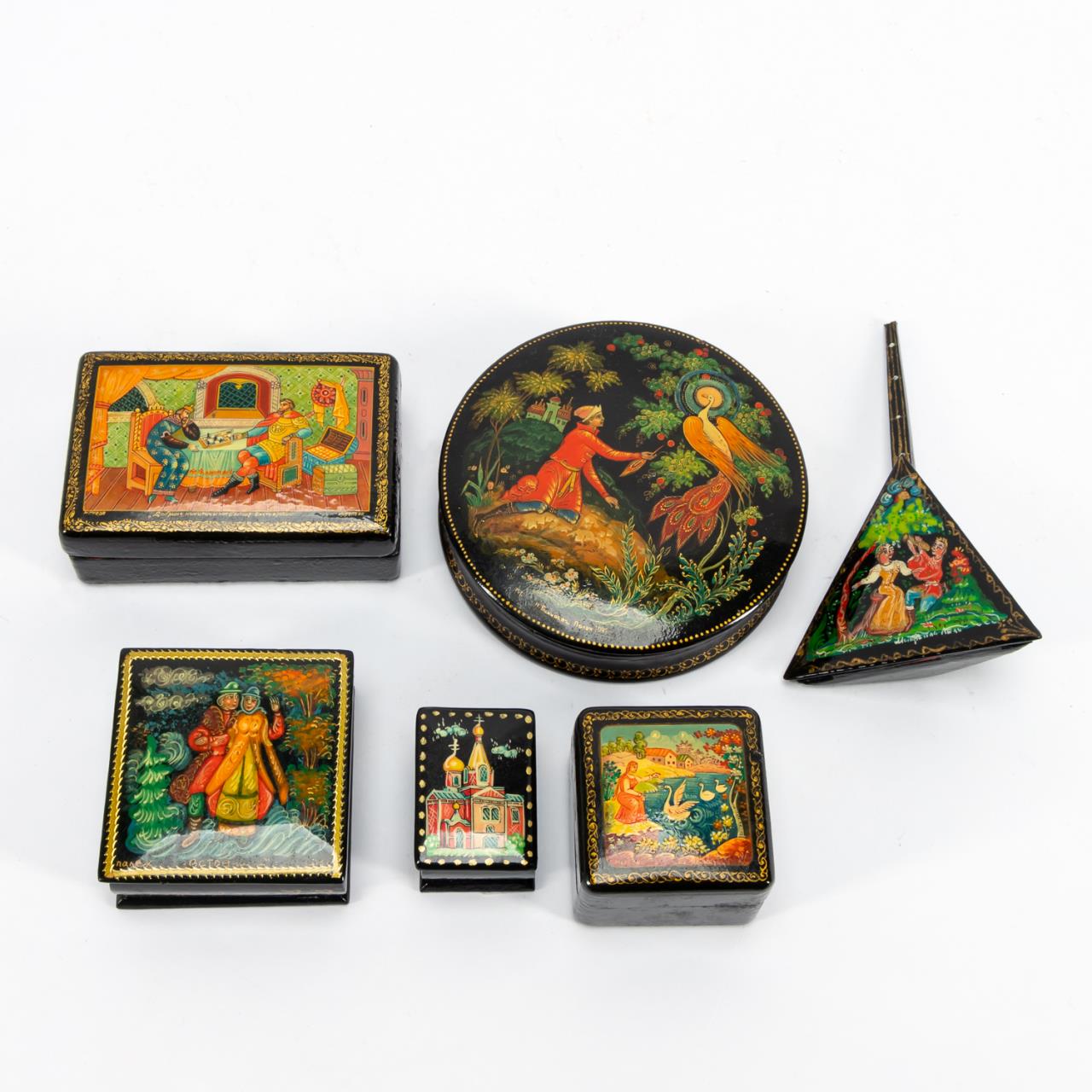 Appraisal: PCS RUSSIAN PAINTED LACQUER BOXES Collection of six Russian Palekh