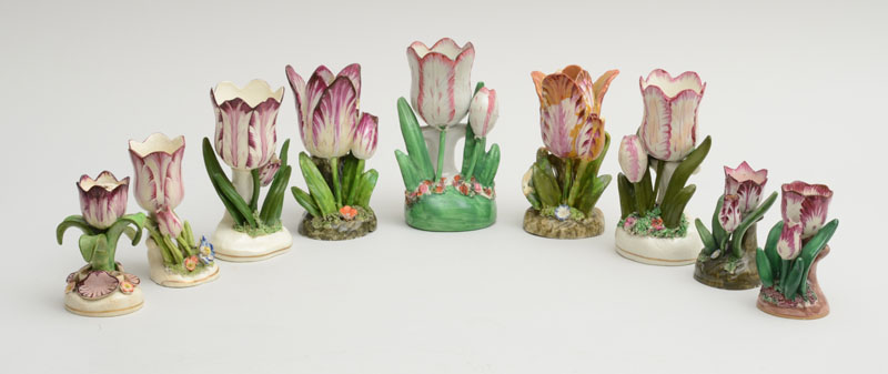 Appraisal: GROUP OF EIGHT STAFFORDSHIRE PEARLWARE TULIP-FORM CUPS Six with single