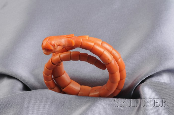 Appraisal: Antique Coral Serpent Bracelet the carved dragon's head with articulated