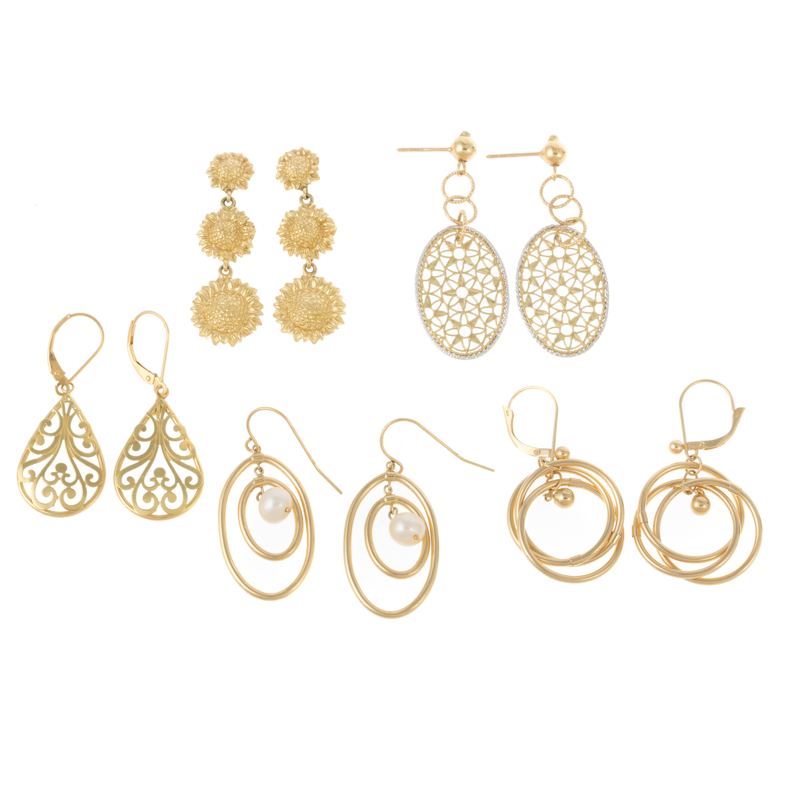 Appraisal: FIVE PAIRS OF DANGLE EARRINGS IN K K K sunflower