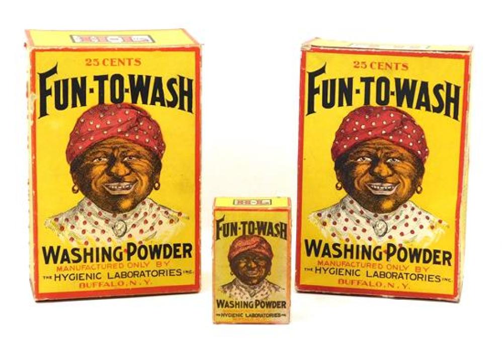 Appraisal: BLACK AMERICANA Three boxes of Fun-to-Wash Washing Powder c polychrome