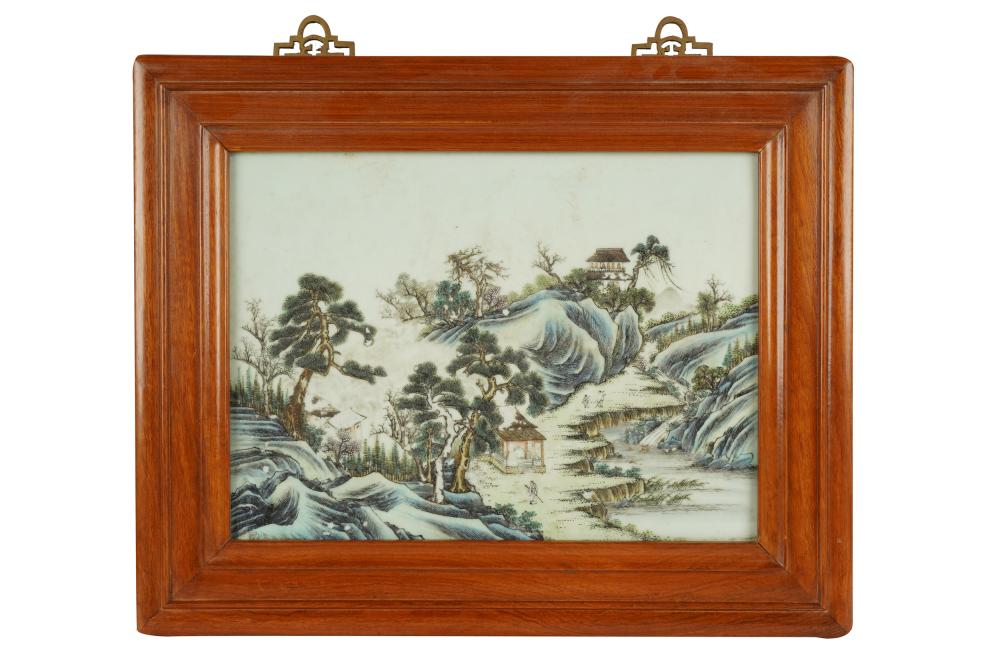 Appraisal: CHINESE PORCELAIN LANDSCAPE PLAQUEdecorated with figures and buildings in a