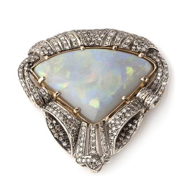 Appraisal: A triangular opal diamond and two-tone gold brooch brooch converts