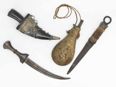 Appraisal: Three Knives and a Powder Flask No Jambiyah steel dagger