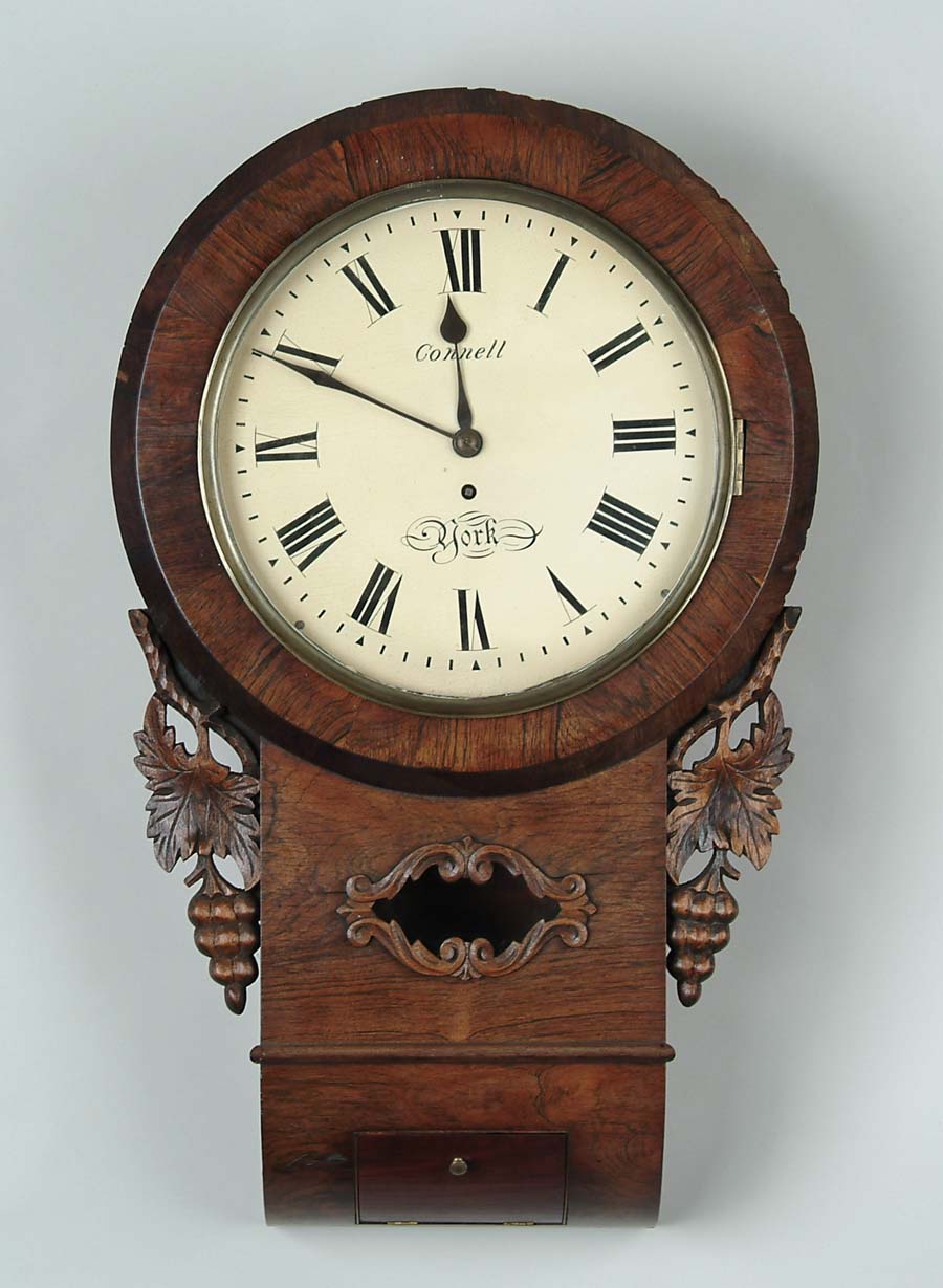 Appraisal: ENGLISH ROSEWOOD WALL CLOCK The schoolhouse design with leaves and