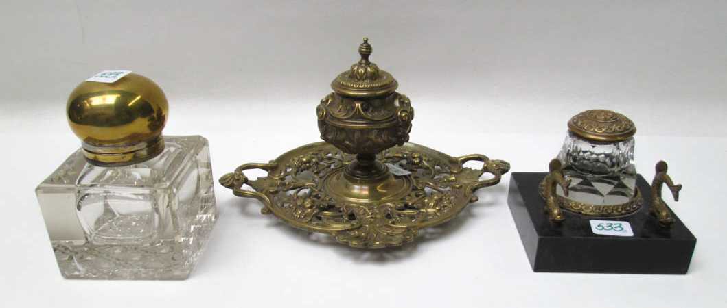 Appraisal: THREE FRENCH INKWELLS the first having double sided pierced brass