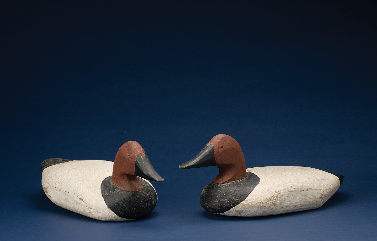 Appraisal: TWO CARVED AND PAINTED CANVASBACK DRAKE DECOYS Length of the